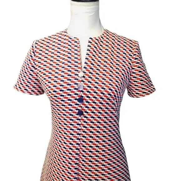 Vtg 60s 70s mod mcm double knit red white blue dress - Picture 3 of 8